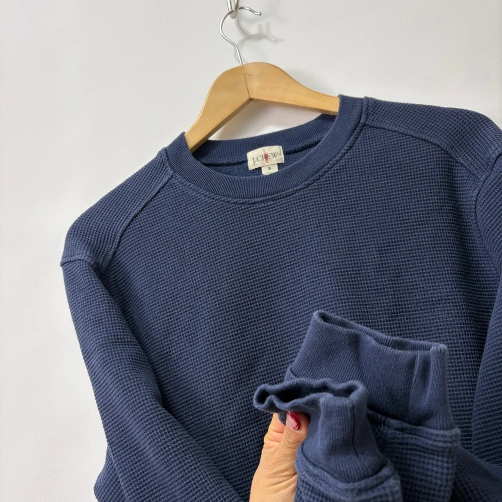 J Crew Jacquard‎ Waffle Knit Crewneck Blue Cotton Thermal Sweater Size Small